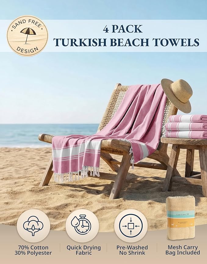 LANE LINEN Turkish Beach Towel Set of 4 - Beach Towels, Pre-Washed Pool Towel, Extra Large Beach Towel, Quick Dry & Sand Free, Absorbent Travel Towel, 39"x71" - Candy Pink