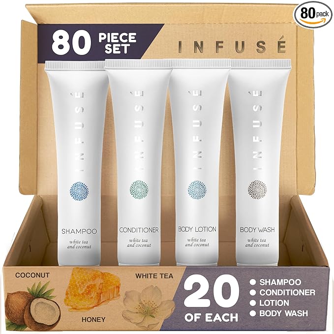 Infuse White Tea & Coconut Hotel Toiletries Bulk Set | 1-Shoppe Amenities Kit | 1oz Shampoo & Conditioner, Body Wash, Lotion | Travel Size | 80 Pieces