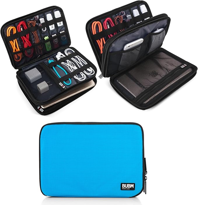 BUBM Double Layer Electronic Accessories Organizer, Travel Gear Bag for Cables, USB Flash Drive, Plug and More, Perfect Size Fits for iPad Mini (Medium, Blue)