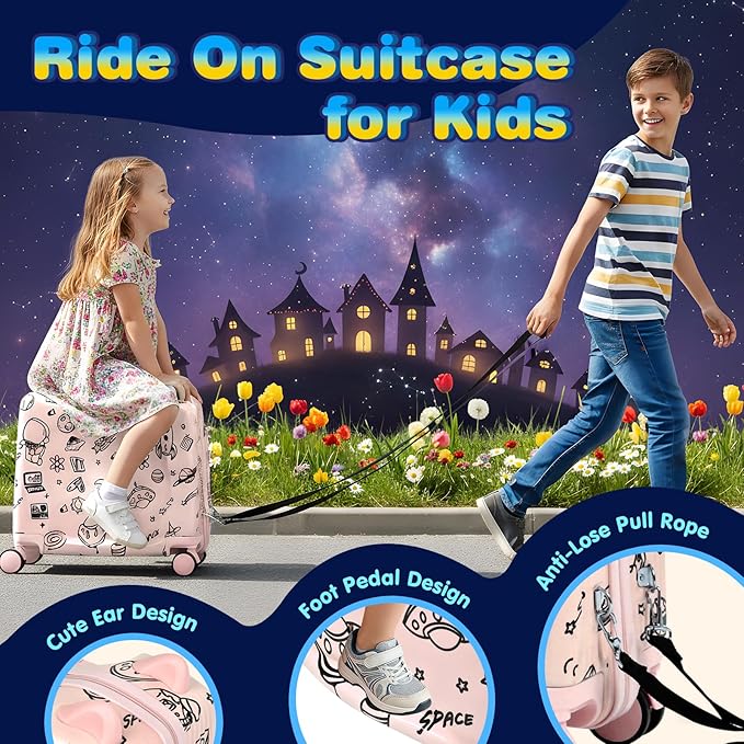 Kids Ride-On Suitcase with Cute Ears, DIY Graffiti Coloring Design, 20" Carry-On Luggage with 4 Spinner Wheels, Pull Rope & Combination Lock – Rideable Travel Case for Toddlers & Children(Pink)