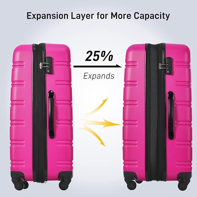 2 Piece Luggage Sets with Travel Bag, Lightweight Expandable Checked Luggage Sets, Hardshell ABS Spinner Wheels Carry on Suitcase with TSA Lock, for Travel, Women Men, 20 IN&24IN, Pink