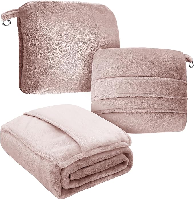 DEZ FURNISHINGS 4-in-1 Travel Compact Blanket Pillow Super Soft Velvet with Luggage Sleeve and Backpack Clip, Dusty Pink, 60" W x 45" H