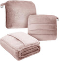 DEZ FURNISHINGS 4-in-1 Travel Compact Blanket Pillow Super Soft Velvet with Luggage Sleeve and Backpack Clip, Dusty Pink, 60" W x 45" H