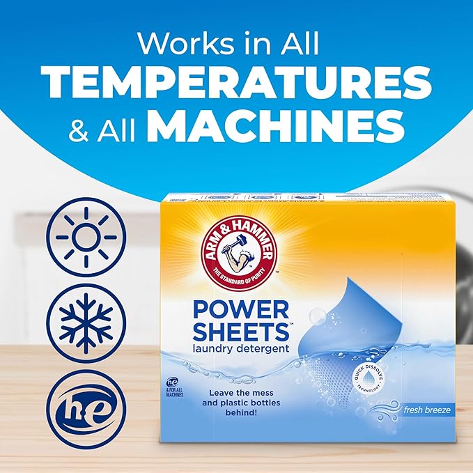 ARM & HAMMER Power Sheets Laundry Detergent, Fresh Breeze Scent, No Mess, Lightweight and Travel-Friendly, 35 Count, Up to 70 Small Loads (Pack of 6)