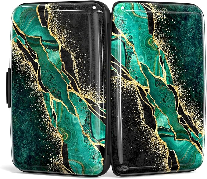 Credit Card Holder, Mini Aluminum Card Wallet RFID Blocking Slim Metal Hard Card Case for Women Men, Green Black Marble