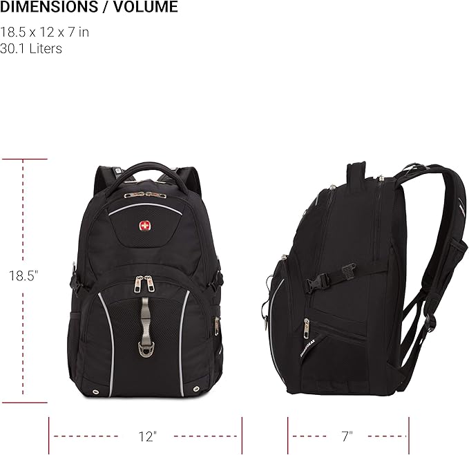 SwissGear 3258 Laptop Backpack, Fits Most 17 Inch Laptops, Secure Computer Sleeve for Travel, Work, School, Men's and Women's - Black