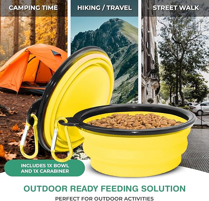 Collapsible Dog Bowls for Travel, Portable Dog Water Bowl & Food Bowl for Dogs and Cats, Foldable Pet Feeding Dish for Walking Hiking Camping with Carabiner, BPA Free, Yellow