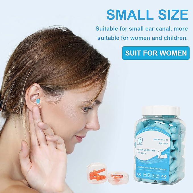 LYSIAN Slim Fit Foam Ear Plugs for Small Ear Canals, 100 Pairs 35dB SNR Noise Reduction Earplugs for Sleeping, Snoring, Travel and Quiet Rest, Women, Teens, Lake Blue