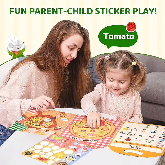 JoyCat Reusable Sticker Book - Stickers for Toddlers, Kids Sticker Activity Book, Travel Toys for Road Trip, Car & Airplane, Educational Learning Gifts for Boys and Girls Ages 3-5 (Pizza-Making)