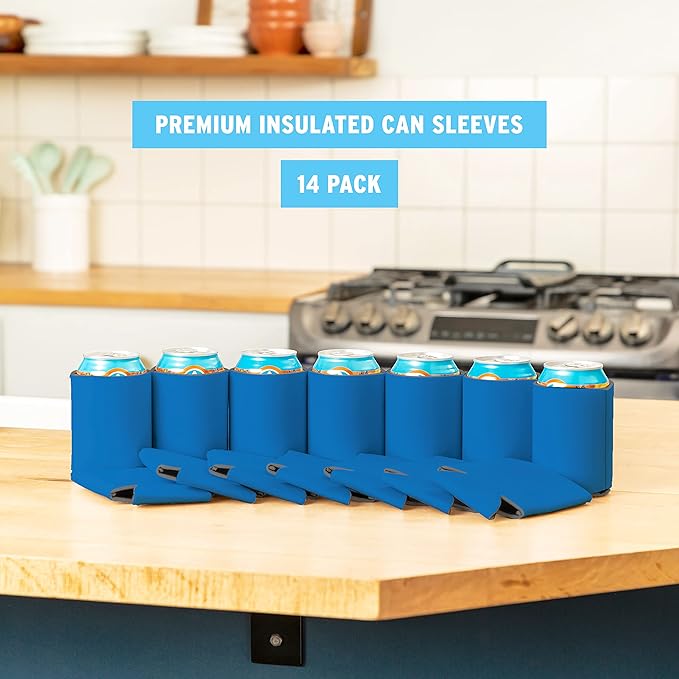 Blank Beer Can Coolers Sleeves (14-Pack) Soft Insulated Beer Can Cooler Sleeves - HTV Friendly Plain Can Sleeves for Soda, Beer Cans & Bottles - Blanks for Vinyl Projects & Wedding Favors (Blue)