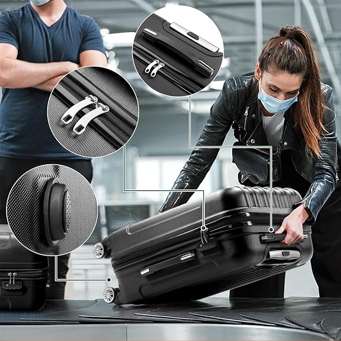3 Piece Luggage Sets, Lightweight ABS Suitcase with 4 Spinner Wheels ＆ TSA Locks, Hardside Carry On Luggage Durable Suitcase Set for Family Travel Business - Black, 20/24/28