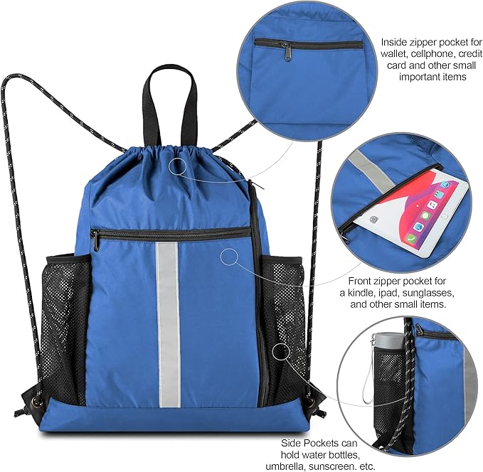 BeeGreen Royal Blue String Backpack Bag Cinch Sack with Shoe Compartment and Two Side Mesh Pockets Lightweight Sturdy Drawstring Gym Sackpack 1 Pack for Unisex
