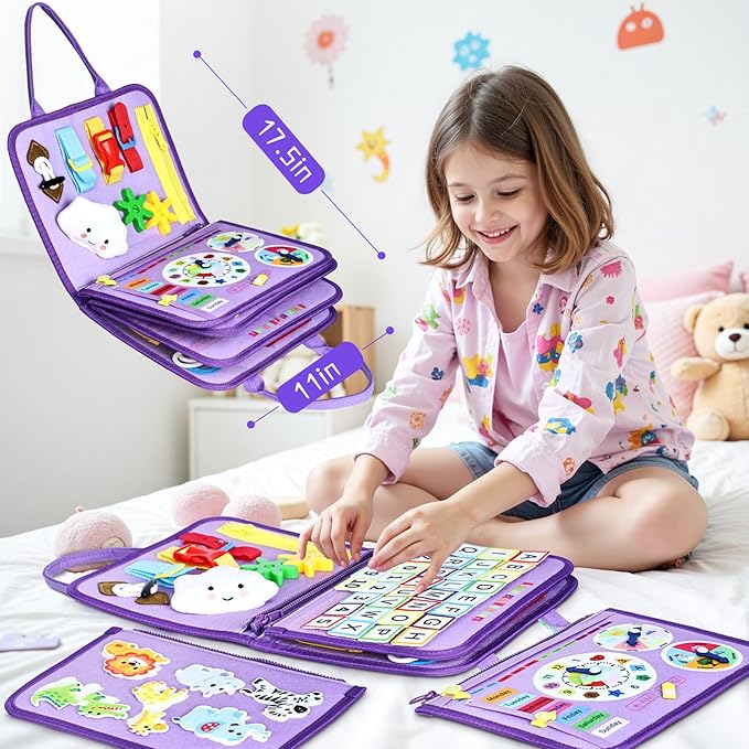 Esjay Toddler Busy Board Montessori Toys for Girls, Sensory Book Educational Activities Learning Fine Motor Skills, Birthday Gifts for Girls Toddlers, Travel Toys for Airplane Car, Purple Merpeople