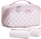 BOYATU Travel Makeup Bag Organizer Cosmetic Bag: 3 Pcs Set Make up Bags for Women with Handle - Waterproof Vegan Leather Toiletry Bags Travel Essentials Pouch with Compartments (H-05-Pink)