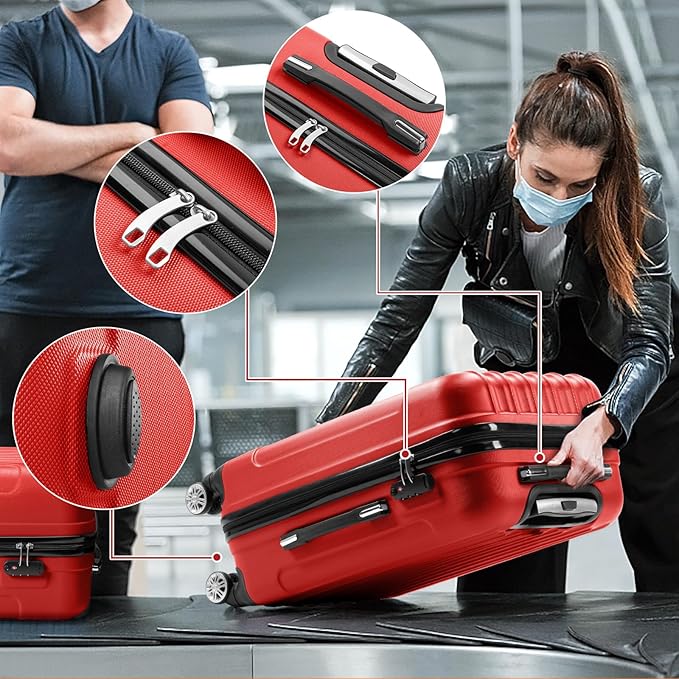 3 Piece Luggage Sets, Lightweight ABS Suitcase with 4 Spinner Wheels ＆ TSA Locks, Hardside Carry On Luggage Durable Suitcase Set for Family Travel Business - Red, 20/24/28