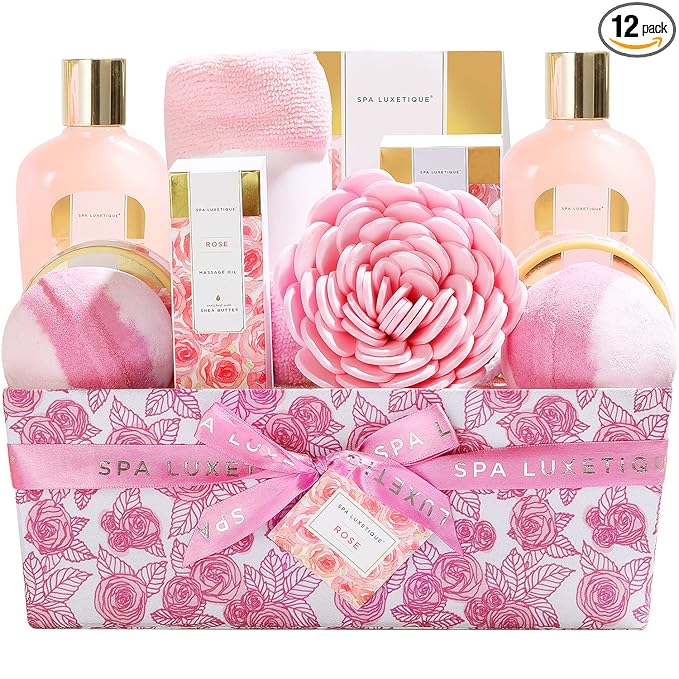 Spa Luxetique Spa Gift Baskets for Women, 12 Pcs Rose Presents Set with Bubble Bath, Bath Bombs, Body Lotion, Hand Cream, Christmas Gift Basket for Mom