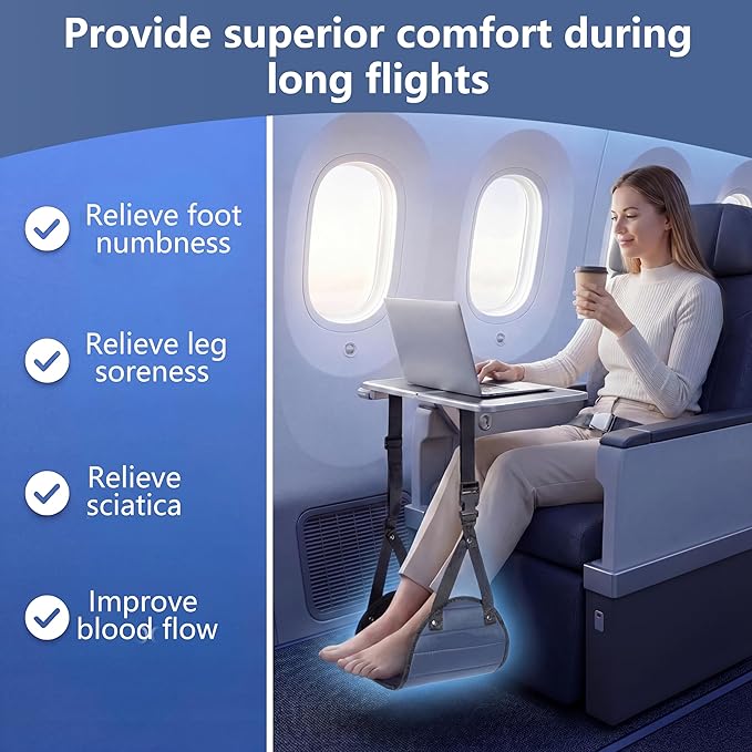 Airplane Footrest Hammock, Adjustable Foot Rest for Long Flights - Travel Must-Haves and Travel Essentials,Portable Airplane Gadgets for Flying Comfort(Navy Blue,1 Pack)