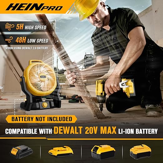 HEINPRO Battery Powered Fan Compatible with Dewalt 20V Max Battery with AC Adapter (No Battery) Up to 650CFM, Variable Speed, Low Noise 30dB, Portable Cordless Fan for Camping, Jobsite