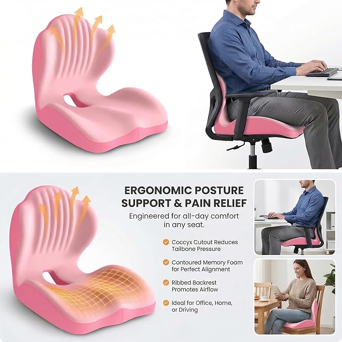 Ergonomic Seat Memory Foam Support Cushion for Back, Car Seat Back Support Cushion for Sciatica Tailbone Pain, Office Desk Chair Car Travel Seat Cushion (Pink)
