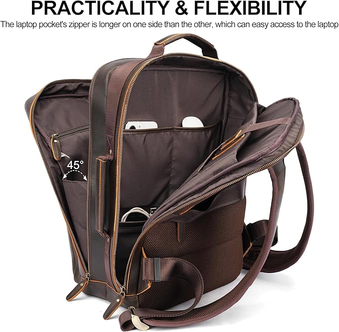 TIDING 17.3" Full Grain Leather Laptop Backpack for Men Multi Pockets Casual Daypack Business Travel Rucksack