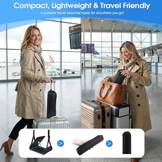ExploreBliss Airplane Foot Rest - Lightweight Foot Hammock for Plane Travel with Adjustable Strap & Thick Board, Tray Table Under Desk Footrest to Relax Feet, Travel Essentials for Long Flights(Black)