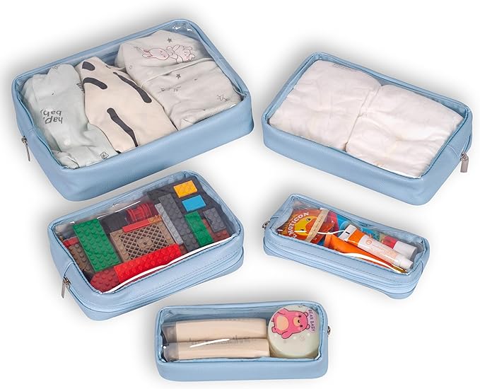 Remobia Hicol TSA Approved 5-Piece Diaper Bag Organizer Pouch Set Clear Waterproof TPU Kids Toiletry Storage Set Travel Packing Clutch Cube Bags for Baby Nursing (Blue)