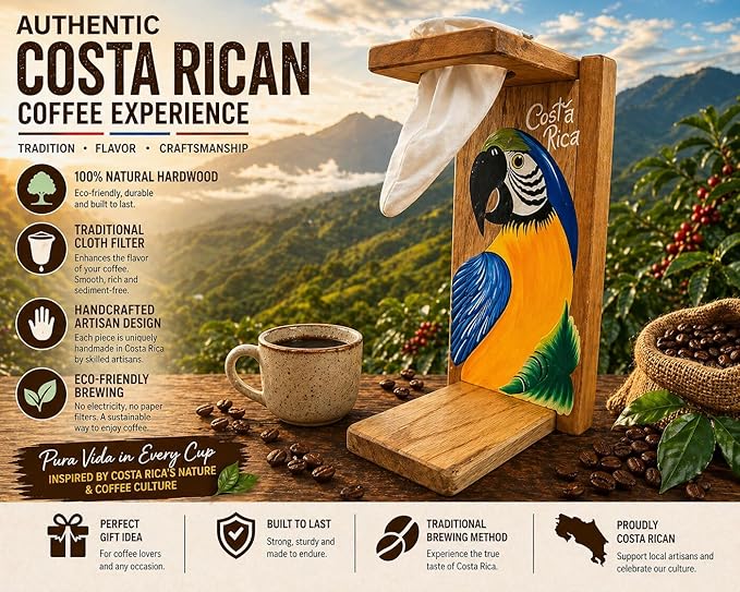 Tapanti store.Chorreador,Costa Rican handcrafted foldable wooden pour-over coffee maker.Includes a reusable cloth filter.Hand painted Macaw wooden design.Light Cedar.Perfect for travel (Blue/Orange)