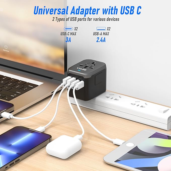 VYLEE Universal Travel Adapter, 5 in 1 International Power Adapter with 3.5A 2xUSB-A & 2xUSB-C Ports, Travel Plug Adapter Worldwide for Europe USA UK AUS Travel Essentials (Black Grey)