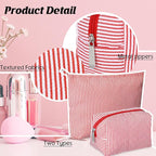 Huhumy 2 Pcs Makeup Bag Set Cute Cosmetic Pouch for Women Seersucker Travel Toiletry Bag Preppy Small Makeup Purse Pouch Aesthetic Skincare Brushes Storage Organizer for Valentine Women(Red)