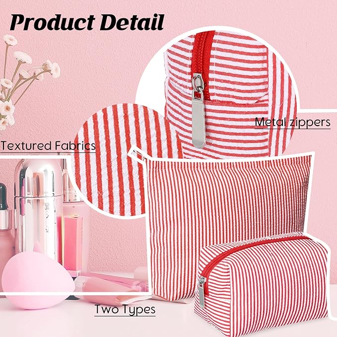 Huhumy 2 Pcs Makeup Bag Set Cute Cosmetic Pouch for Women Seersucker Travel Toiletry Bag Preppy Small Makeup Purse Pouch Aesthetic Skincare Brushes Storage Organizer for Valentine Women(Red)