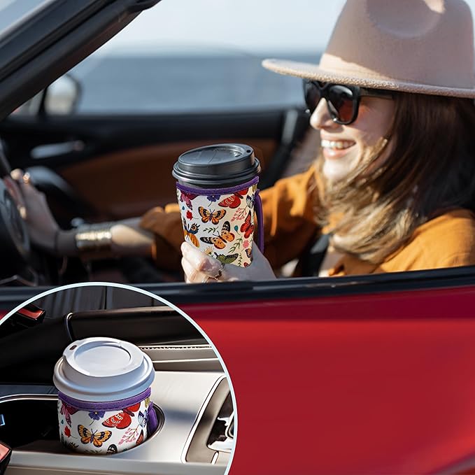 KJQJLY 3 Pack Reusable Iced Coffee Sleeves for Iced Coffee Cups or Drinks Reusable Neoprene Insulated Sleeves for Hot and Cold Drinks from Starbucks, Dunkin, And More (White butterfly)