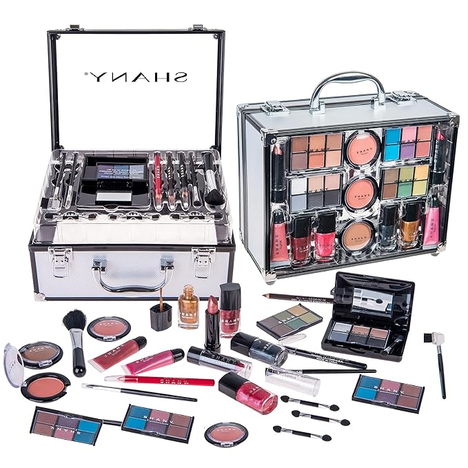 SHANY Carry All Trunk Makeup Train Case with Re-usable Aluminum Beauty Storage Organizer Case. Make up Set with Eye palettes, Blushes,Face Powders, Manicure, Pedicure and Cosmetics Brushes. GIFT SET