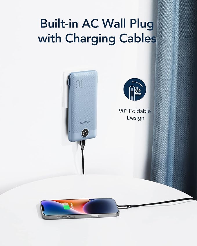 VEGER Portable Charger with Built-in AC Plug and Cables, All in One 10000mAh Ultra Slim Power Bank Travel Essentials, Fast Charging Battery Pack Compatible with iPhone, Samsung, Android (Blue)