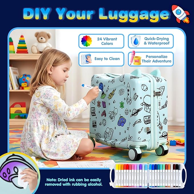 Kids Ride-On Suitcase with Cute Ears, DIY Graffiti Coloring Design, 20" Carry-On Luggage with 4 Spinner Wheels, Pull Rope & Combination Lock – Rideable Travel Case for Toddlers & Children(Green)
