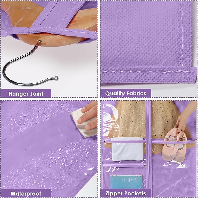 Univivi Dance Costume Bags Garment Bag 40 Inch Hanging Clothes for Dance Competitions, with 3 Medium Clear Zipper Pockets for Dance Costumes, Closet Storage (Purple, 2 Pack)