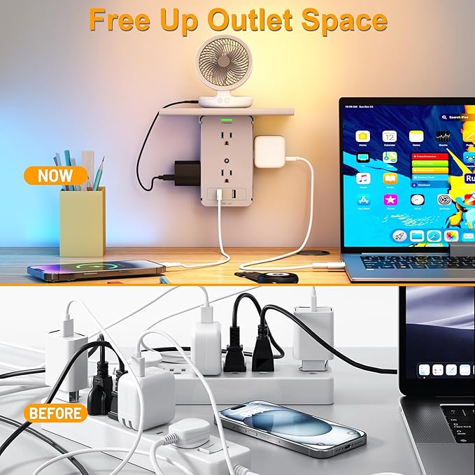 Socket Wall Shelf-CFMASTER 10 Port Surge Protector Wall Outlet, 8 Electrical Outlet Extenders and 2 USB Ports 2.4A, with Removable Built-In Shelf, FCC Listed (1, Gray)…