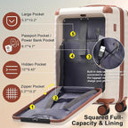 Merax Luggage Sets Front Opening, 3 Piece Hardshell Suitcase with Spinner Wheels and Bags,Lightweight Carry on Luggage with USB Port and Cup Holder,20+24+28,White and Brown