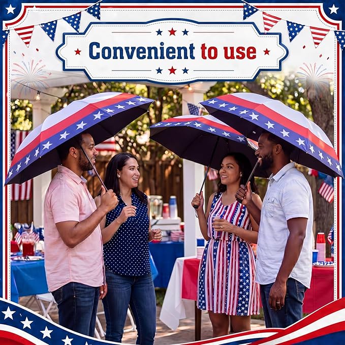 6 Pcs Patriotic American Umbrellas Red White Blue 4th of July Umbrellas with 8-Rib and Black Coating, Windproof