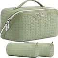 BOYATU Travel Makeup Bag Cosmetic Bags for Women: Large Capacity 3 Pcs Set Make up Bag with Compartments - Waterproof Vegan Leather Toiletry Organizer Bags with Handle (L51Grass Green)