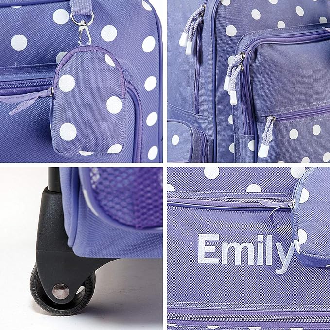 Lillian Vernon Personalized Rolling Luggage for Kids, 5-Pocket Purple Polka Dot Design Suitcase Set With Clip-On Pouch, Customizable Girls Travel Carrier on Wheels, 6" W x 15.5" L x 21" H