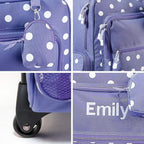 Lillian Vernon Personalized Rolling Luggage for Kids, 5-Pocket Purple Polka Dot Design Suitcase Set With Clip-On Pouch, Customizable Girls Travel Carrier on Wheels, 6" W x 15.5" L x 21" H