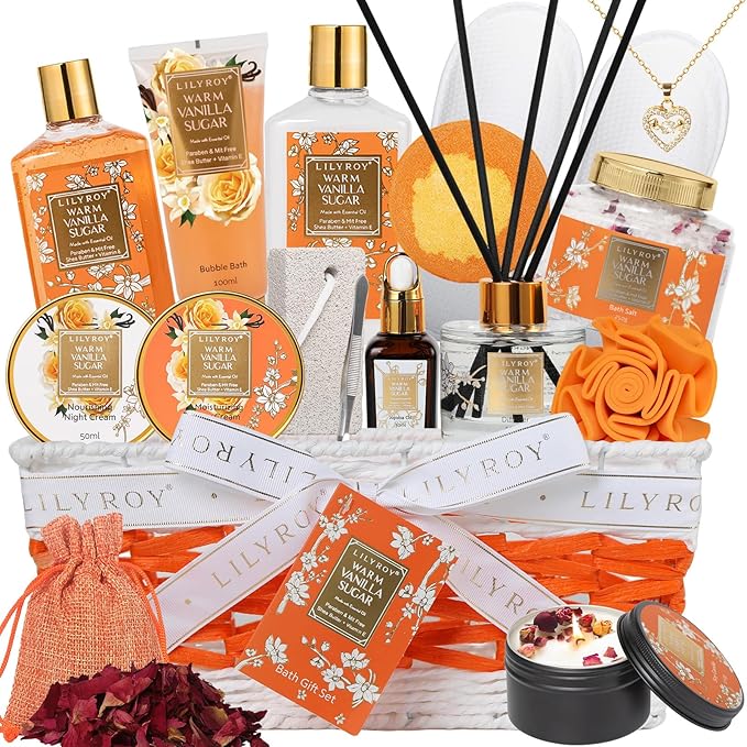 Gifts for Women - Vanilla Sugar Bath and Body Spa Gift Basket for Women, Spa Kit with Necklace | Gifts for Christmas, Valentines Day, Skin Care Set for Women, Mother‘s Day Gift for Mom & Wife