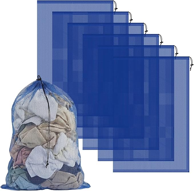 6PCS Blue Mesh Bag Drawstring, 23 x 35 Inch Net Bag with Lock, Multipurpose Storage Bags for Gym, Laundry, Balls, Beach and Toys