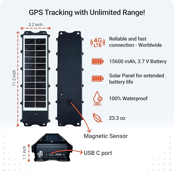 PAJ GPS Solar Tracker 4G for Vehicles – Real-Time GPS Tracking Device with Solar Panel, Waterproof, Long Battery Life – Anti-Theft GPS Tracker with 3 Months Subscription Included