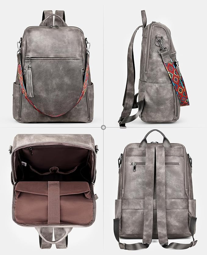 FADEON Leather Laptop Backpack for Women Designer 15.6 inch PU Laptop Bag, Ladies Travel Computer Work Backpack Grey