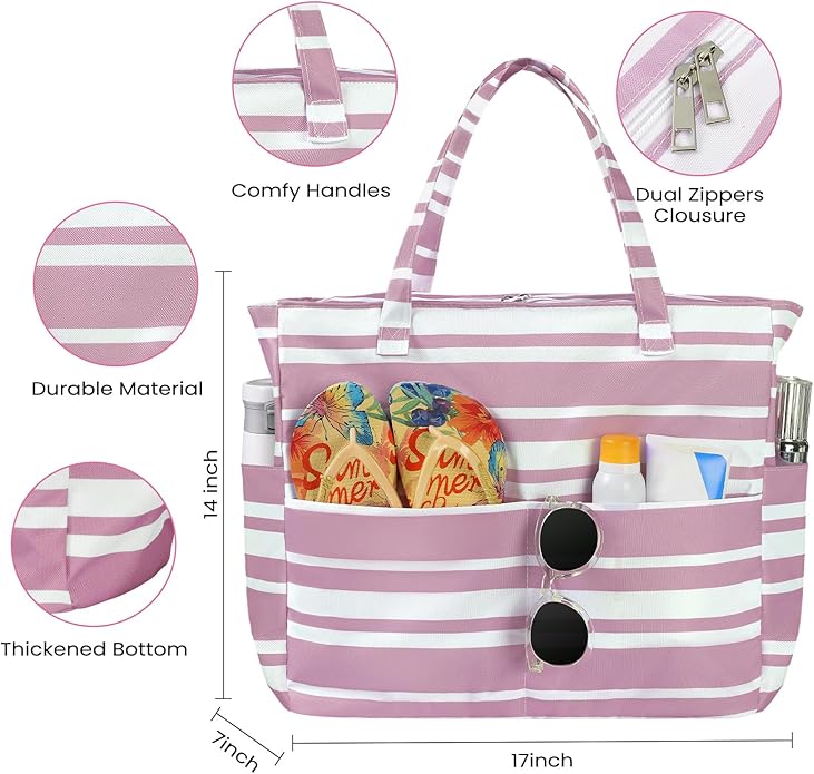 Trifabricy Beach Bags for Women Waterproof Sandproof Women Tote Bag, Large Beach Bag with Zipper for Gym Travel Vocation
