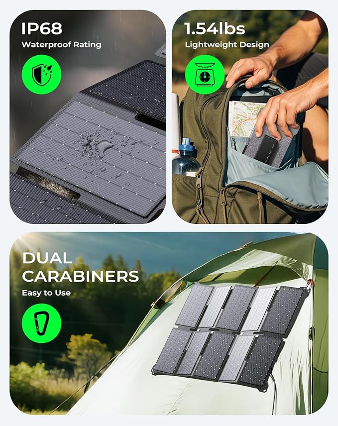 BigBlue Portable 35W Solar Panel Charger with Fast Charging USB-A and PD 25W USB-C for Camping Backpacking, 1.54 lbs, IP68 Waterproof, Folding Solar Phone Charger for iPhone/Android, iPad, Power Bank