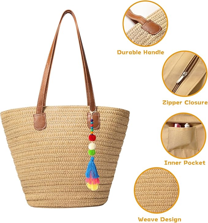 Trifabricy Beach Bags for Women, Large Beach Bag, Woven Straw Tote Bags Waterproof, Weaving Swim Shopping Travel Bag