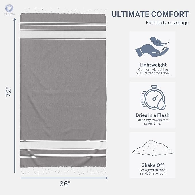 Cotton Turkish Beach Towel with Towels Oversized 36"x72" Pool Absorbent Extra Large Quick Dry Sand Travel Towel (Grey, 2 Pack)