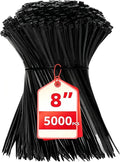 Zip Ties 8 inch, 5000 Pack Black Zip Ties, Self-Locking Nylon Cable Ties with 40 lbs Tensile Strength,Wire Ties for indoor and outdoor use.